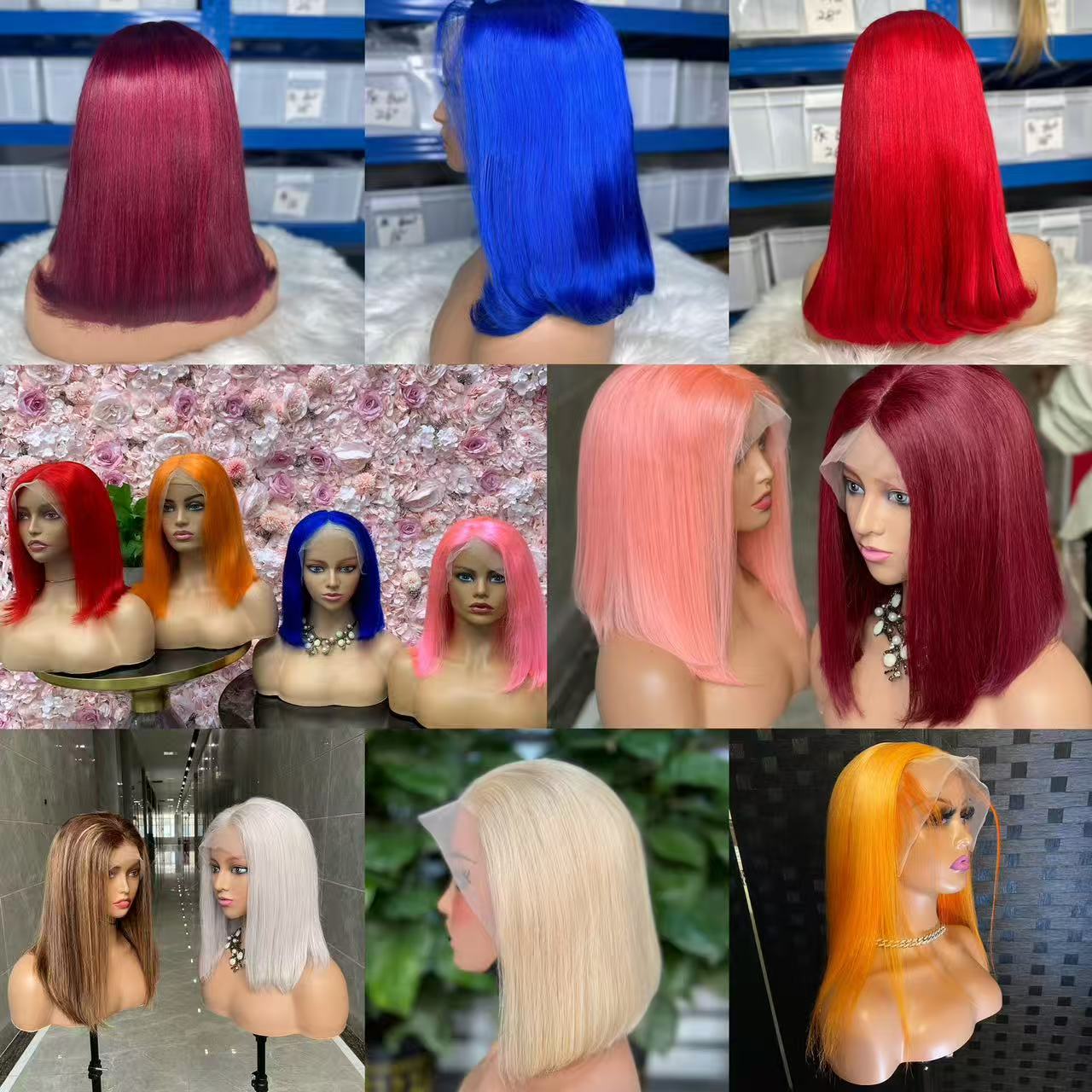 1 3*4 Full Frontal Transparent Lace Bob Colored Wig Straight 180% -#613 /Orange /Red /Lake Blue /Yellow /Blue /Green /Purple