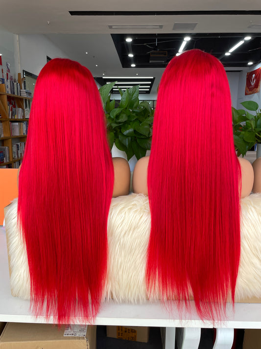#Red straight Brazilian Hair 13X4 Transparent  Lace wig 180%