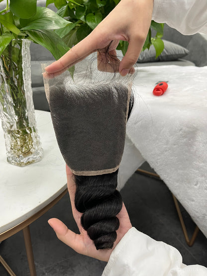 Top Virgin Loose Wave  HD /Transparent Lace Closure  #1B