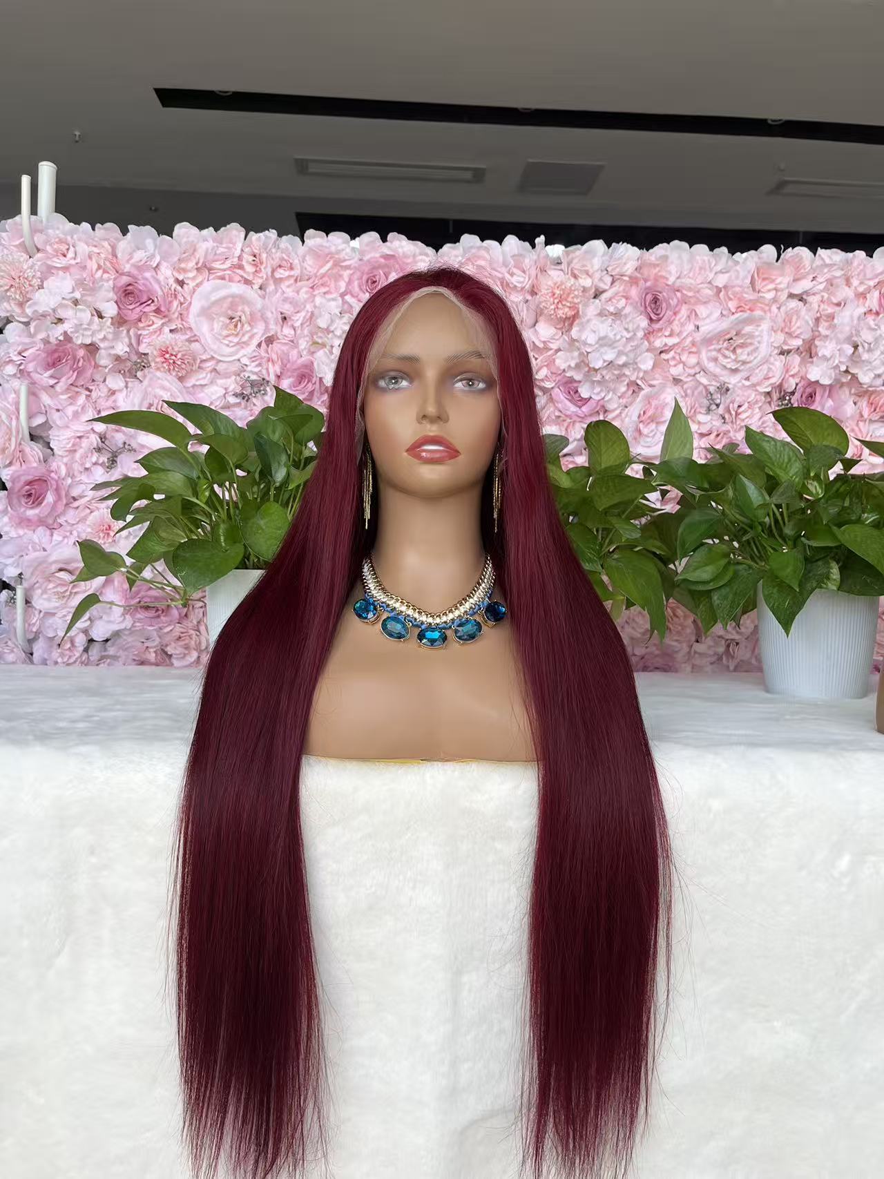 #99J Burgundy straight Brazilian Hair 13X4 Transparent Lace wig 180%