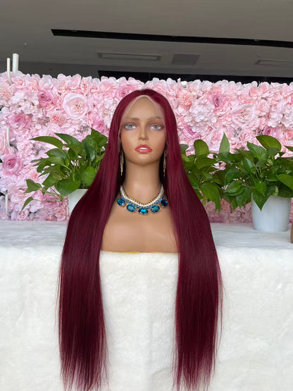 #99J Burgundy straight Brazilian Hair 13X4 Transparent Lace wig 180%