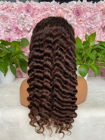#4 Chocolate Deep wave/Italian Curly Brazilian Hair 13X4 Transparent Lace wig 180%