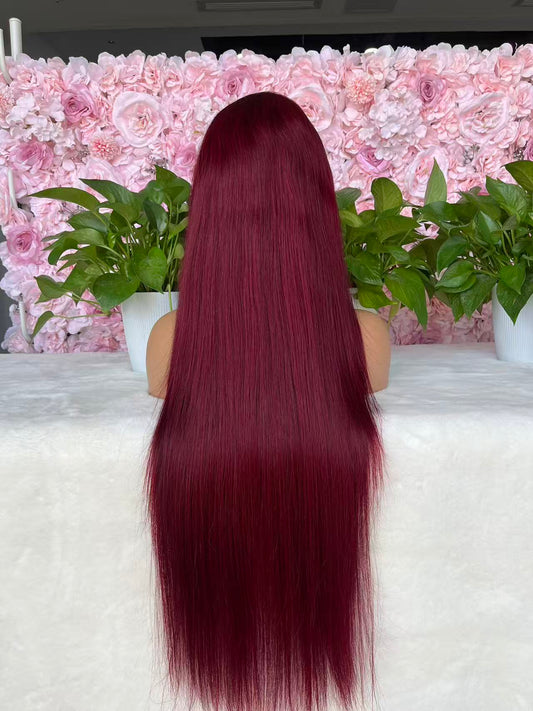#99J Burgundy straight Brazilian Hair 13X4 Transparent Lace wig 180%