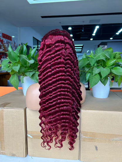 #99J Burgundy Deep Wave Brazilian Hair 13X4 Transparent Lace wig 180%