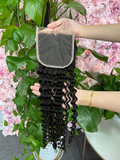 Top Virgin Deep Wave HD /Transparent Lace Closure  #1B