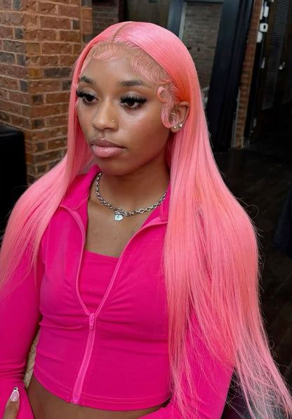 #Pink straight Brazilian Hair 13X4 Transparent Lace wig 180%