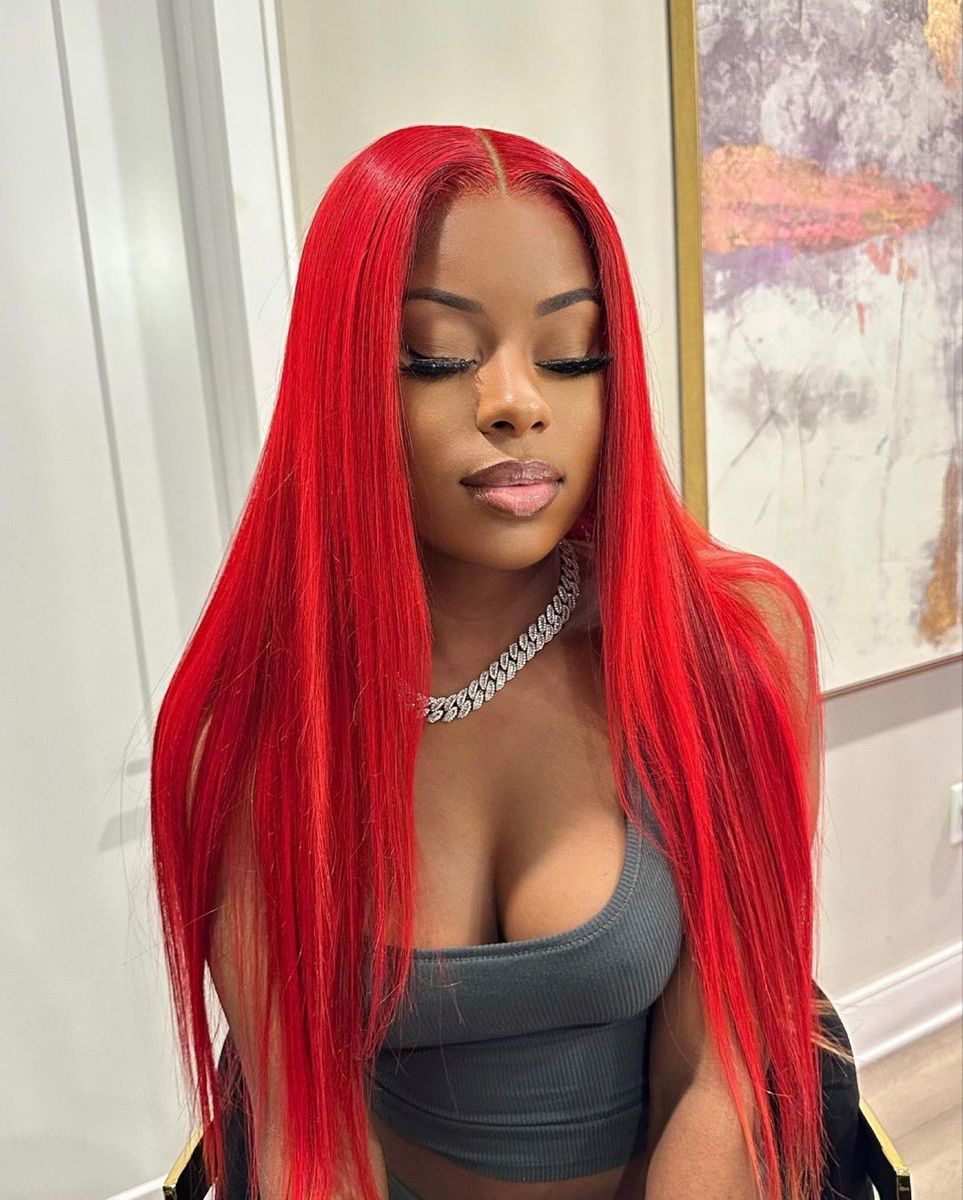 #Red straight Brazilian Hair 13X4 Transparent  Lace wig 180%