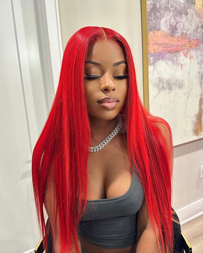 #Red straight Brazilian Hair 13X4 Transparent  Lace wig 180%