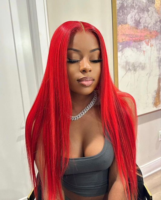 #Red straight Brazilian Hair 13X4 Transparent  Lace wig 180%